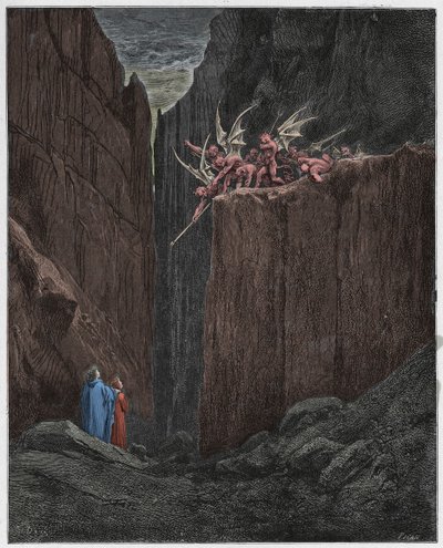 Inferno, Gesang 23: Die Dichter entkommen den Dämonen der fünften Bolgia (Illustration aus Die Göttliche Komödie von Dante Alighieri, 1885) von Gustave after Dore